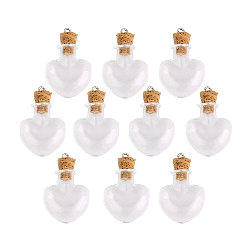 Lot de 10 flacons en verre avec bouchon en liège, ampoules, pendentifs en laine en forme de cœur
