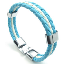 Pulseira de couro azul, bandeira branca de liga trançada, comprimento 21,5 cm, com bolsa de veludo