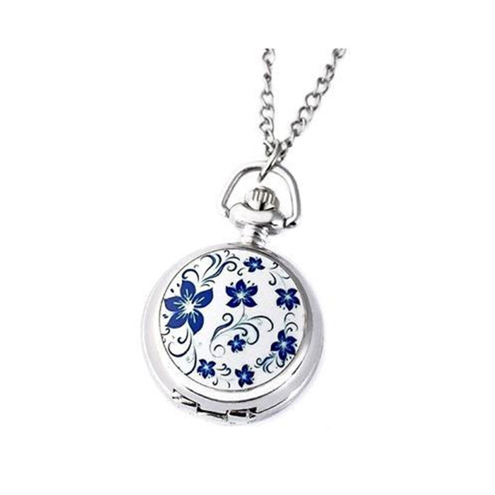 Montre de poche à quartz rétro classique pour couple, petite montre de poche argentée à motif de fleur de lotus bleu