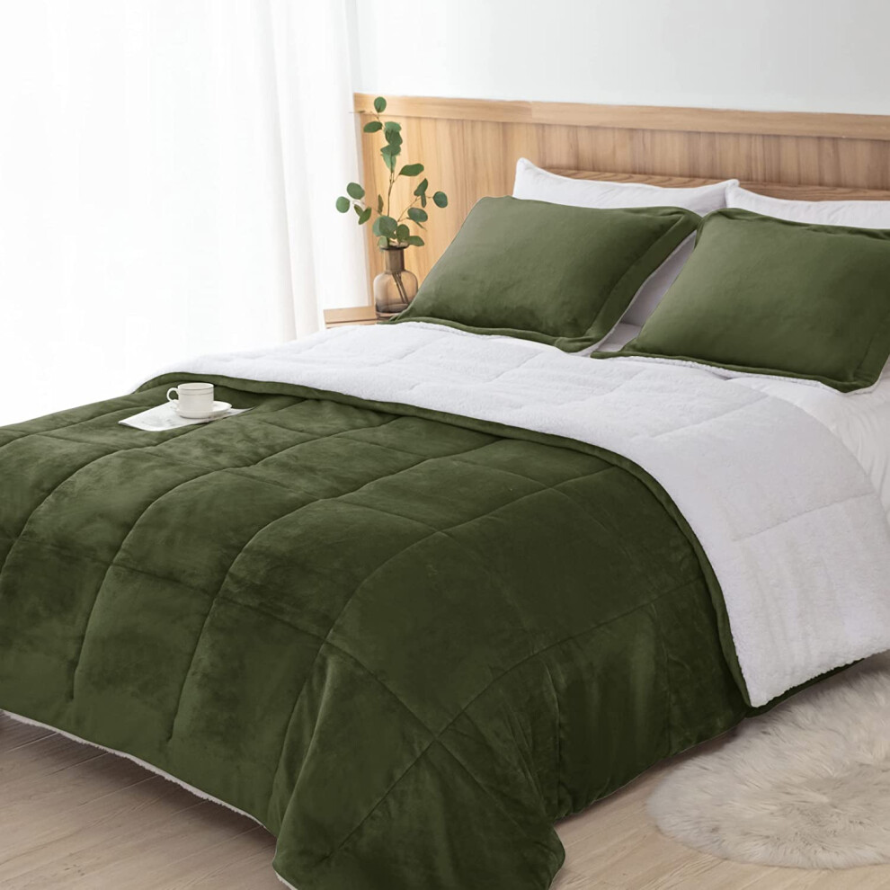 Parure de lit Seward Park vert olive Sherpa pour lit double XL, couverture polaire douce et chaude, toutes saisons, pour dortoir universitaire, avec 1