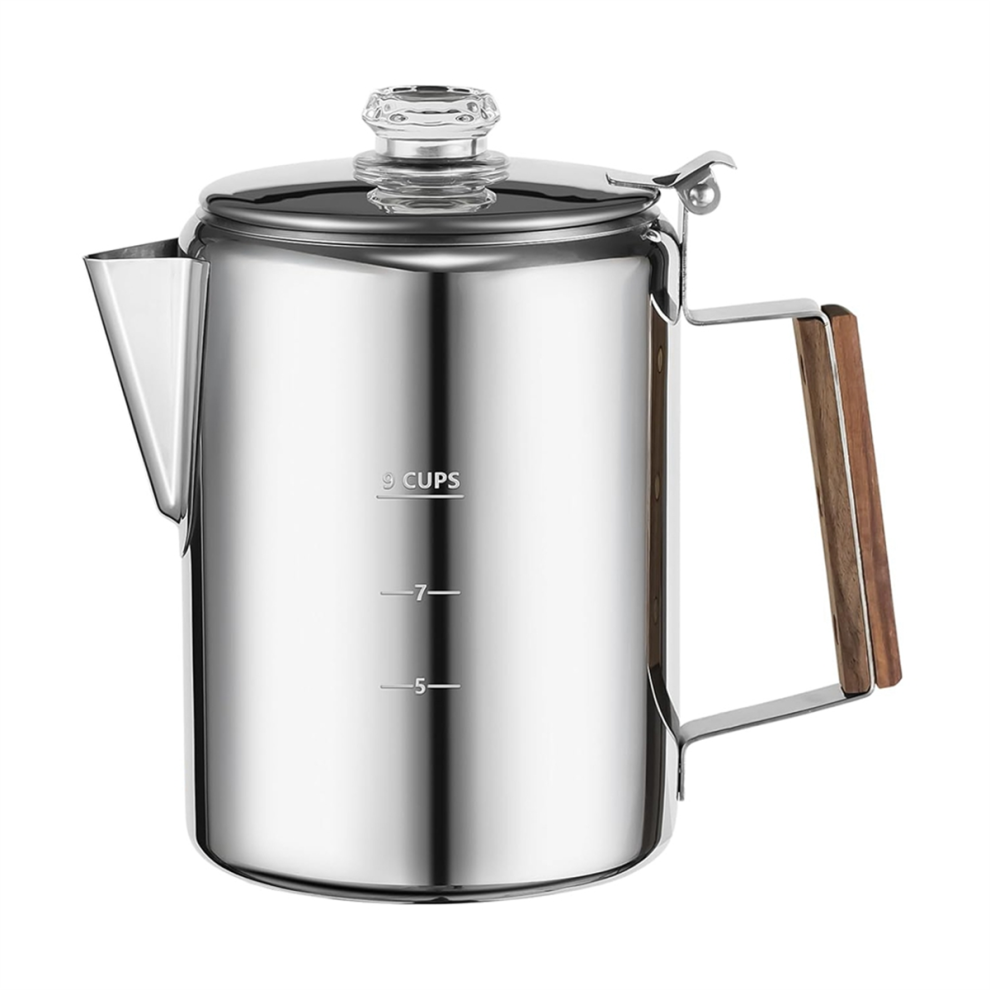 9-Cup Stainless Steel Camping Coffee Percolator – Stovetop, Campfire & Induction Compatible, Rugged Outdoor Pot with Hardwood Handle
