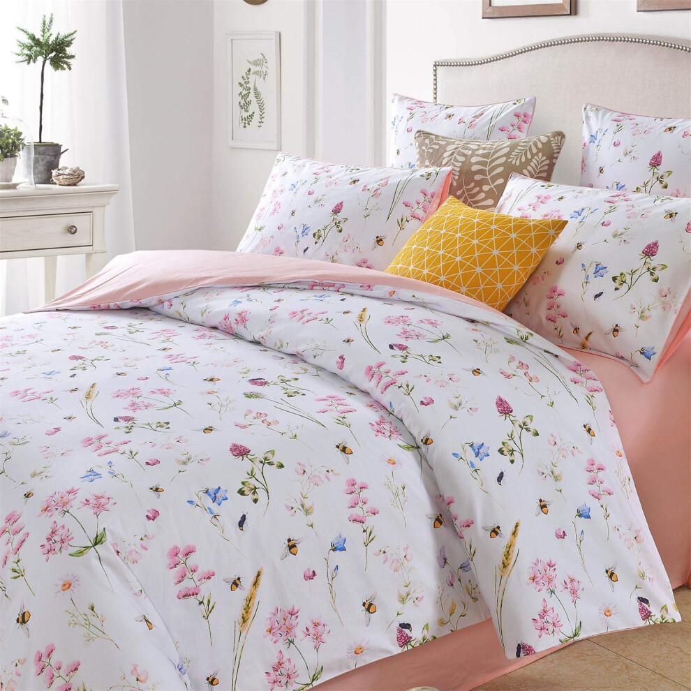 Parure de lit florale vintage Softta, motif abeille et fleur, 3 pi   ces, 1 housse de couette + 2 taies d'oreiller, blanc et rose, 100 % coton    gyp