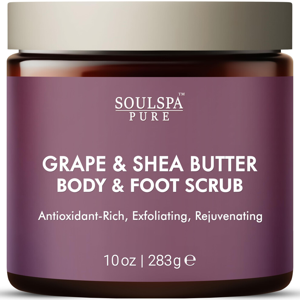 Soulspa Pure Grape & Shea Butter Body & Foot Scrub - Rejuvenating & Antioxidant Rich Exfoliating Body Scrub For Glowing Skin 10 Oz
