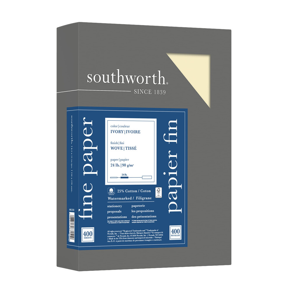 Southworth 25% Katoen Zakelijk Papier 8,5 X 11 Inch 24 Lb/90 Gsm Geweven Afwerking Ivoor 500 Vellen - Verpakking Kan Vari Ren (404IC)-image