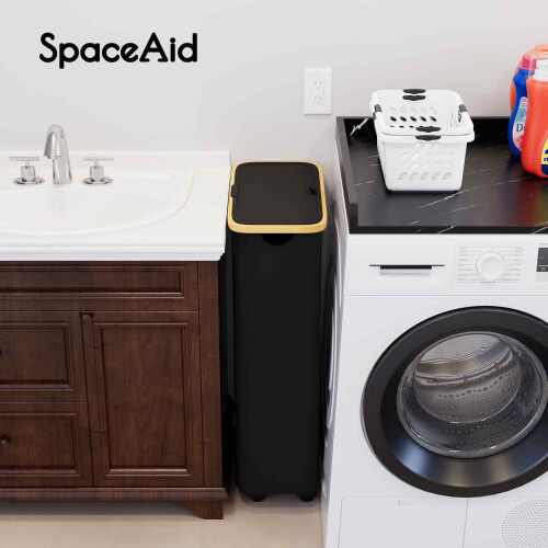 Cesto de Roupa SpaceAid Slim com Tampa e Rodas, 62L, Cesto Estreito com Cabos de Bambu 2