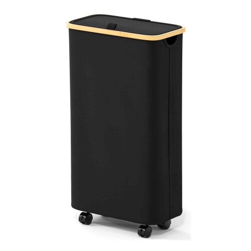 Cesto de Roupa SpaceAid Slim com Tampa e Rodas, 62L, Cesto Estreito com Cabos de Bambu