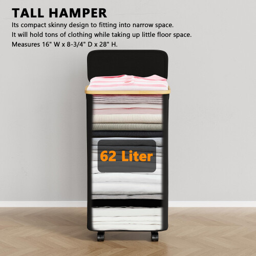 Cesto de Roupa SpaceAid Slim com Tampa e Rodas, 62L, Cesto Estreito com Cabos de Bambu 1