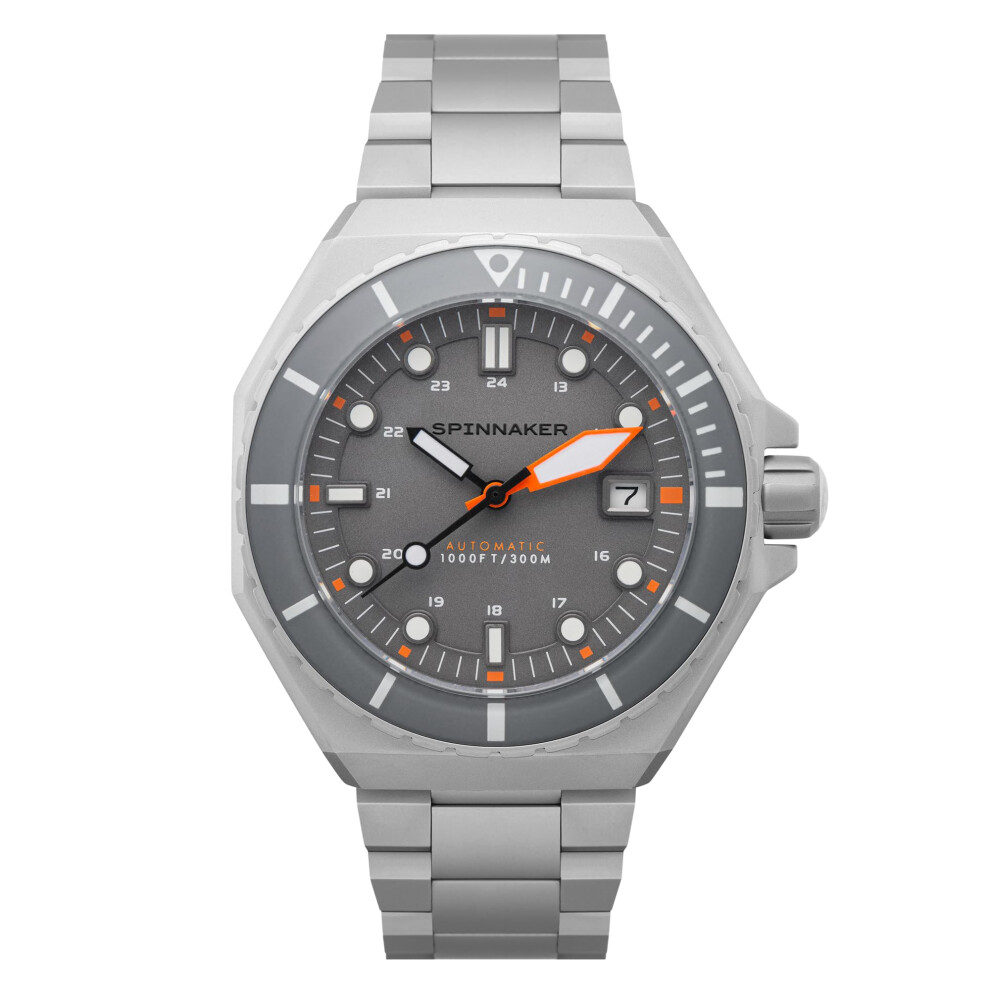 Spinnaker Dumas Mens Watch - Automatic Dive Watch for Men  44mm Stainless Steel Case  Stainless Steel Strap  Water Resistant 300m  SP-5081-KK - Grey