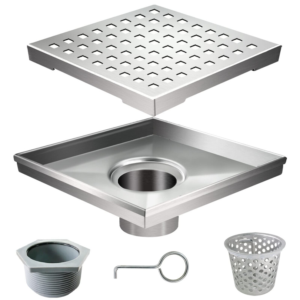 Square Shower Drain Kit-6 Stainless Steel Bathroom Floor Drain Set (Cupc Certified) Equipped With Removable Quadrato Pattern Grate Hair Filters Thread 730851397423