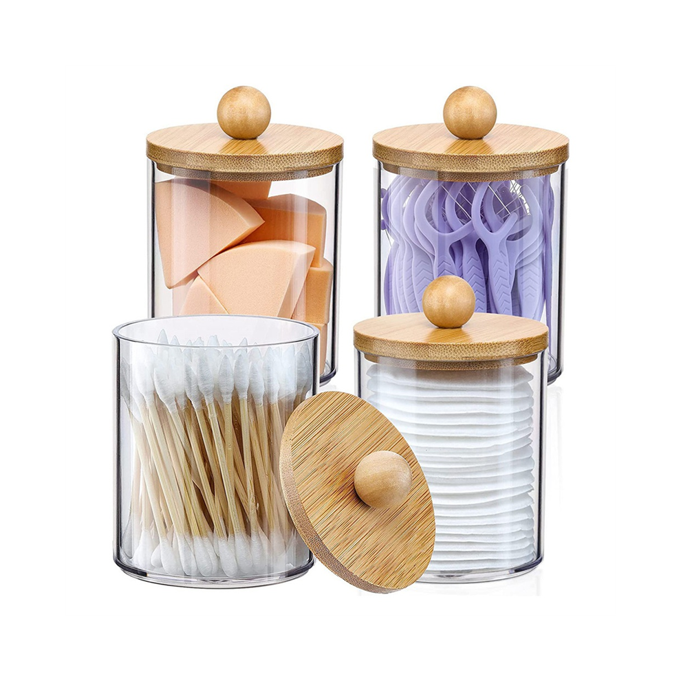 Qtip-houder, badkamerorganizer, accessoires, opbergcontainers, doorzichtige plastic potten met bamboe deksels voor wattenbolletjes en flossdraad