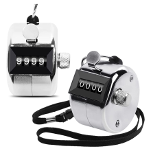 Contatore manuale in metallo da 2 pezzi a quattro cifre con cordino, argento, con clic, portatile