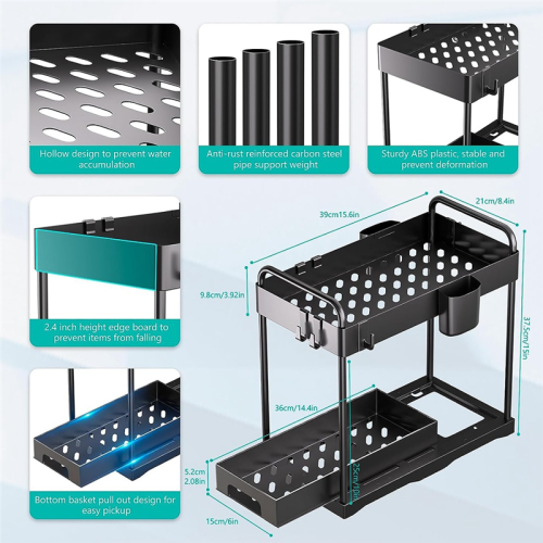 Kitchen Organizer Table Top Double-Layer Pull-Out Shelf Cabinet Sink Rack 2
