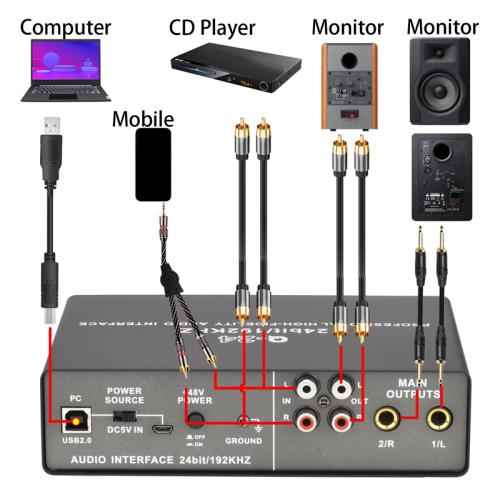 Professional 24Bit 192KHz Audio Interface 2 Input Sound Card for Electric Guitar Loopback External Studio PC Recording