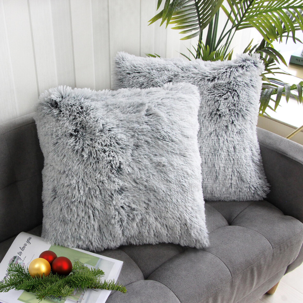 Uhomy 2-Pack Home Decoratieve Luxe Serie Superzachte Kunstbont Sierkussenhoes Kussenhoes Voor Bank Of Bed Grijs Ombre Fluffy Dubbelzijdig 18X18 I-image