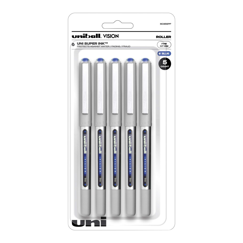 uni-ball Vision Liquid Ink Rollerball Pens  Fine Point  0.7 mm  Gray Barrel  Blue Ink  Pack of 5 Pens
