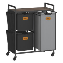 VASAGLE Laundry Hamper with 3 Compartments 26.4 Gal. (100 L) Laundry Sorter Rolling Laundry Cart with Shelves Small Side Pockets 6 Labels Chestnu