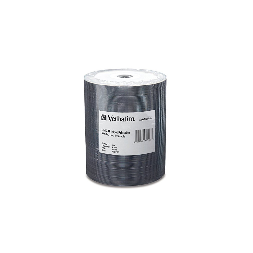 Verbatim DVD-R 4.7GB 16X DataLifePlus White Inkjet Printable  Hub Printable - 100pk Tape Wrap  0.1 (97016)