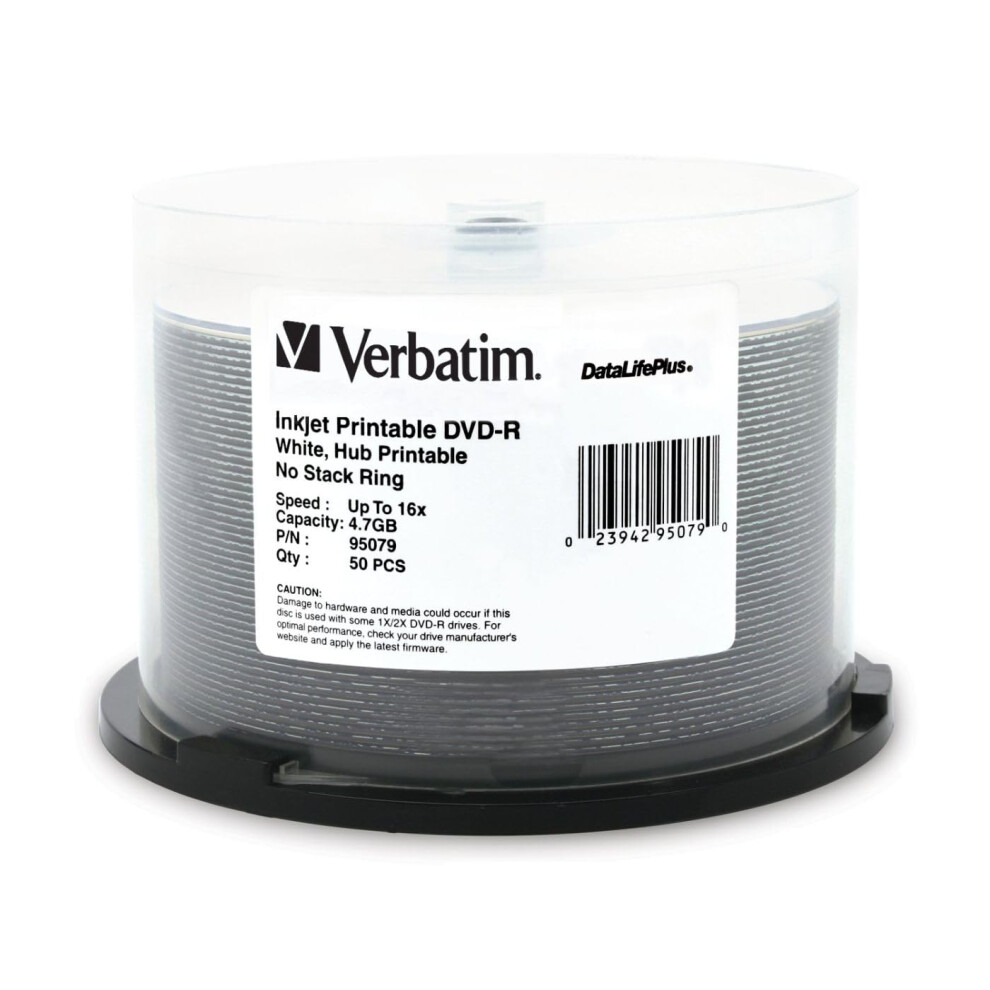 Verbatim DVD-R Blank Discs 4.7GB 16X DataLifePlus White Inkjet Printable Recordable Disc Hub Printable - 50pk Spindle 95079
