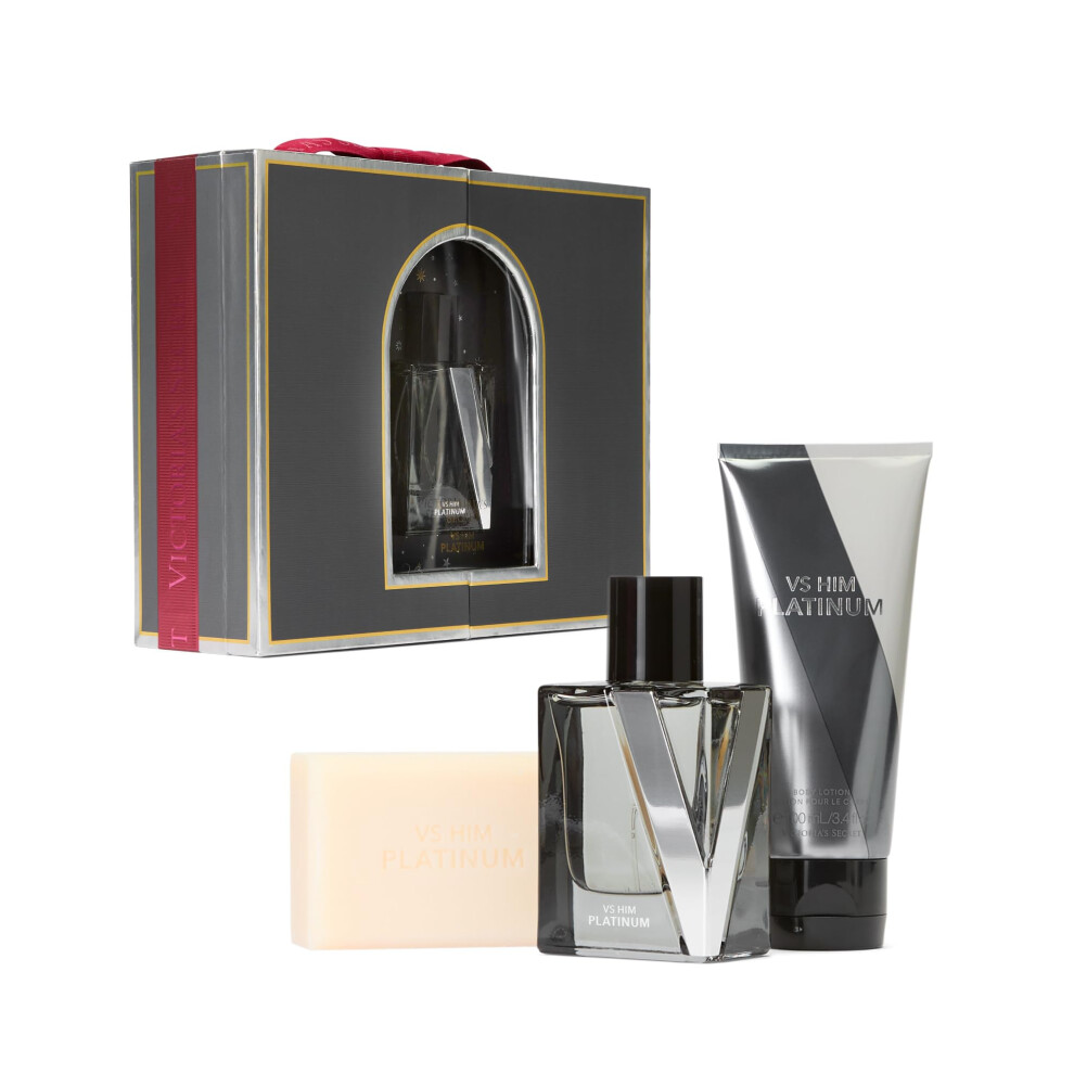 Victoria's Secret Platinum 3 Piece Luxe Fragrance Gift Set: 1.7 oz. Cologne  Travel Lotion  & Body Bar  Gift Set for Men