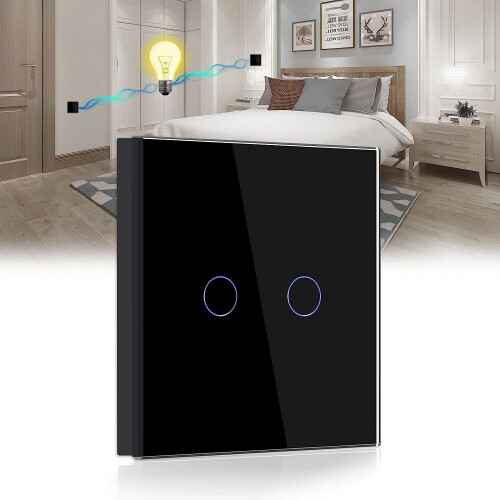 Toggle Switch,Black 2 Gang 2 Way Light Switch with LED Display Light,Tact Switch with Touch Sensor Crystal Glass Panel-No Neutral Wire