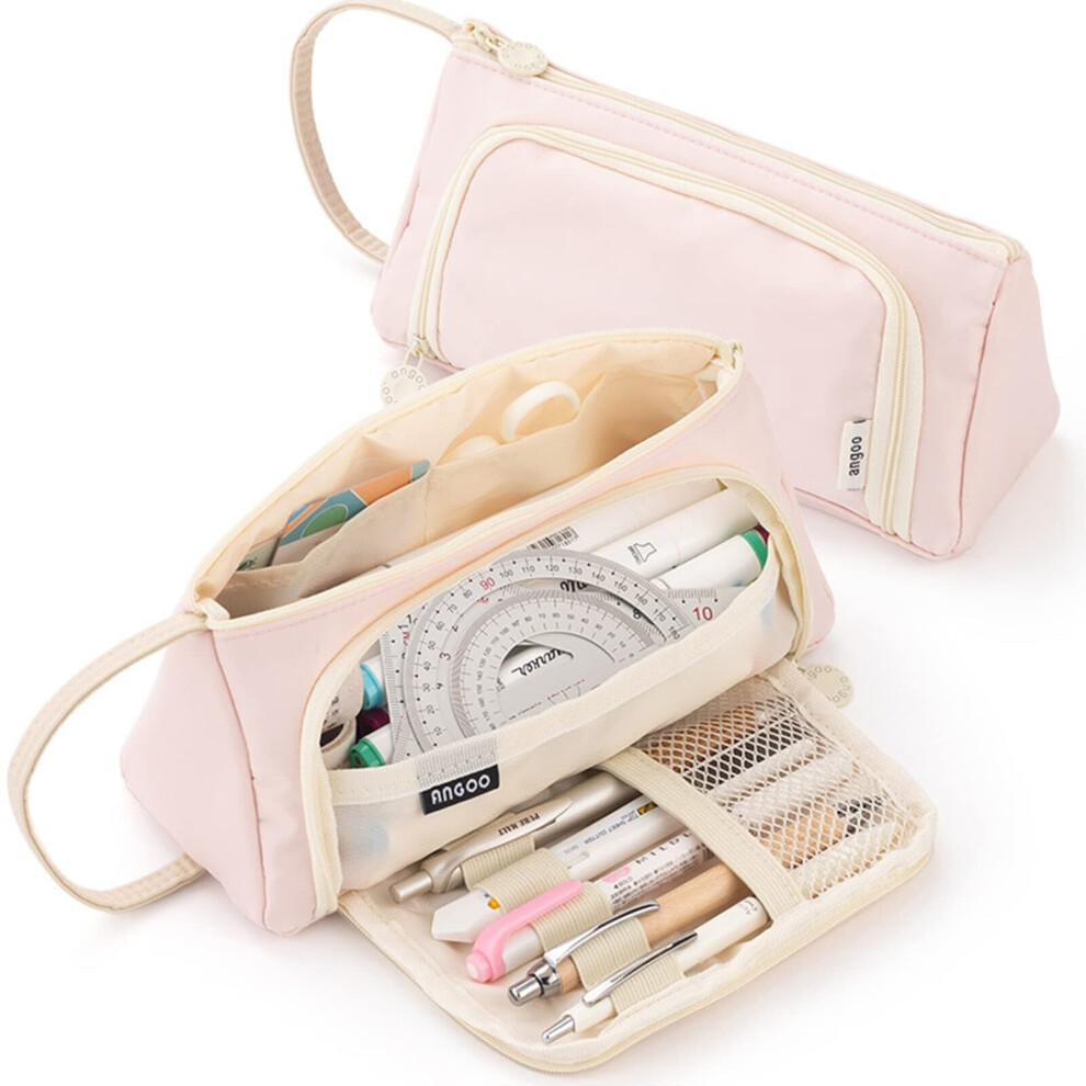 Durable Large Capacity Pencil Case, Pencil Case With Multifunctional Compartments, Pens Case Bag For Student Stationery Girls (-Pink) Cream/Pink