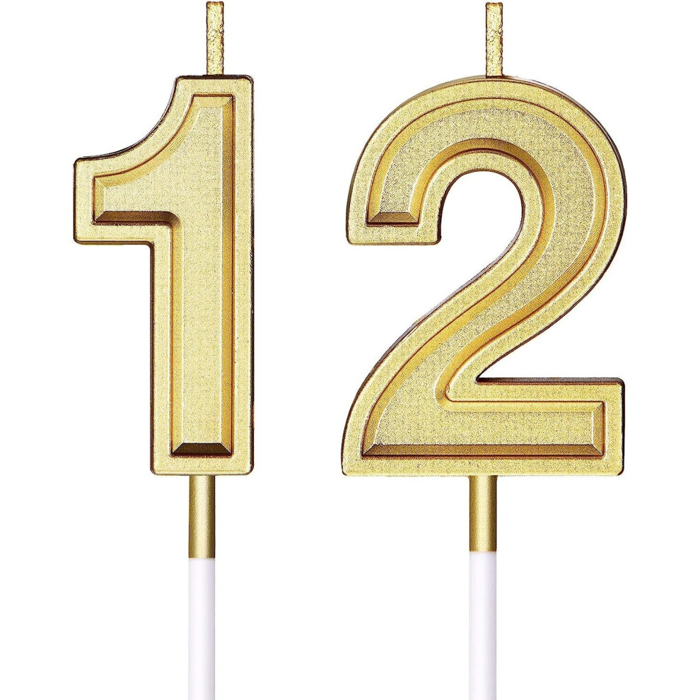 12th Birthday Candles Cake Numeral Candles Happy Birthday Cake Candles Topper Decoration for Birthday Wedding Anniversary Celebration Favor, Gold