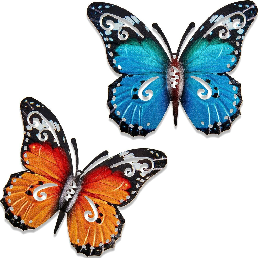 2 Pieces Large Outdoor Metal Butterfly Garden Decorations Outdoor Wall Art Metal Butterfly for Exterior Walls Fences, 27 x 22 cm (Blue and Yellow)