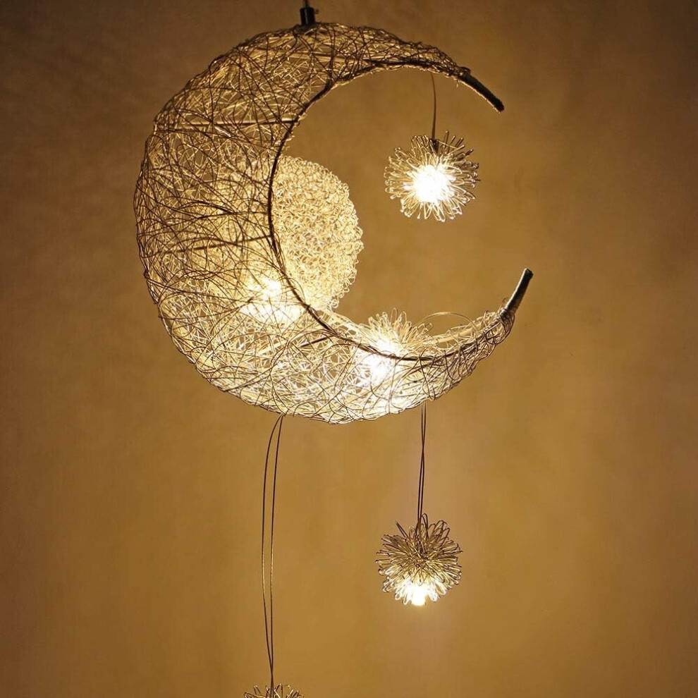 Lovely Moon and Star Fairy Light Pendant Hanging Aluminum Ceiling Light for Kids Bedroom Living Room Home Decoration
