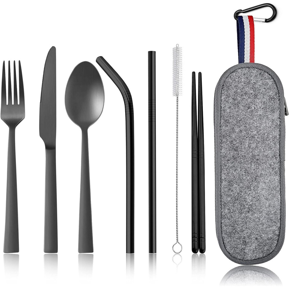 8 Piece Camping Cutlery Set for 1, Stainless Steel Travel Utensils with Portable Case