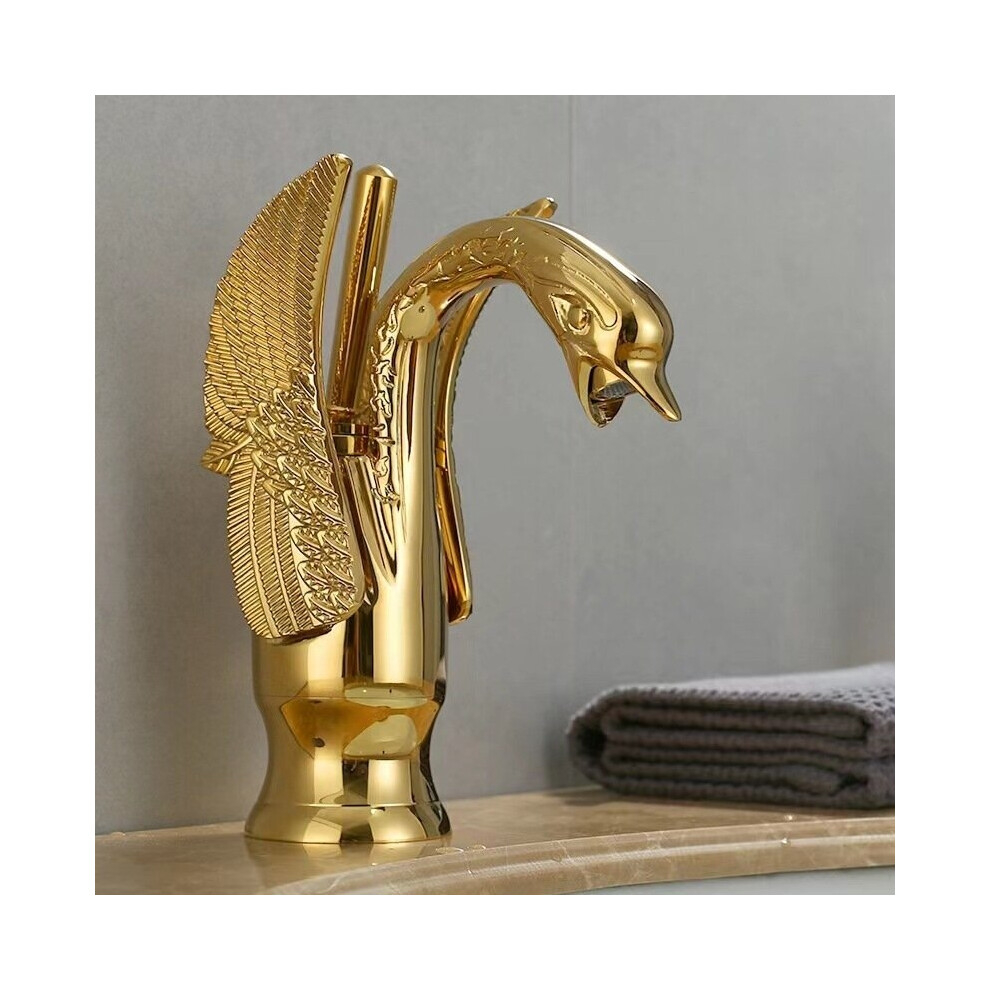 Brass Polished Golden Swan Shape Sink Faucet
