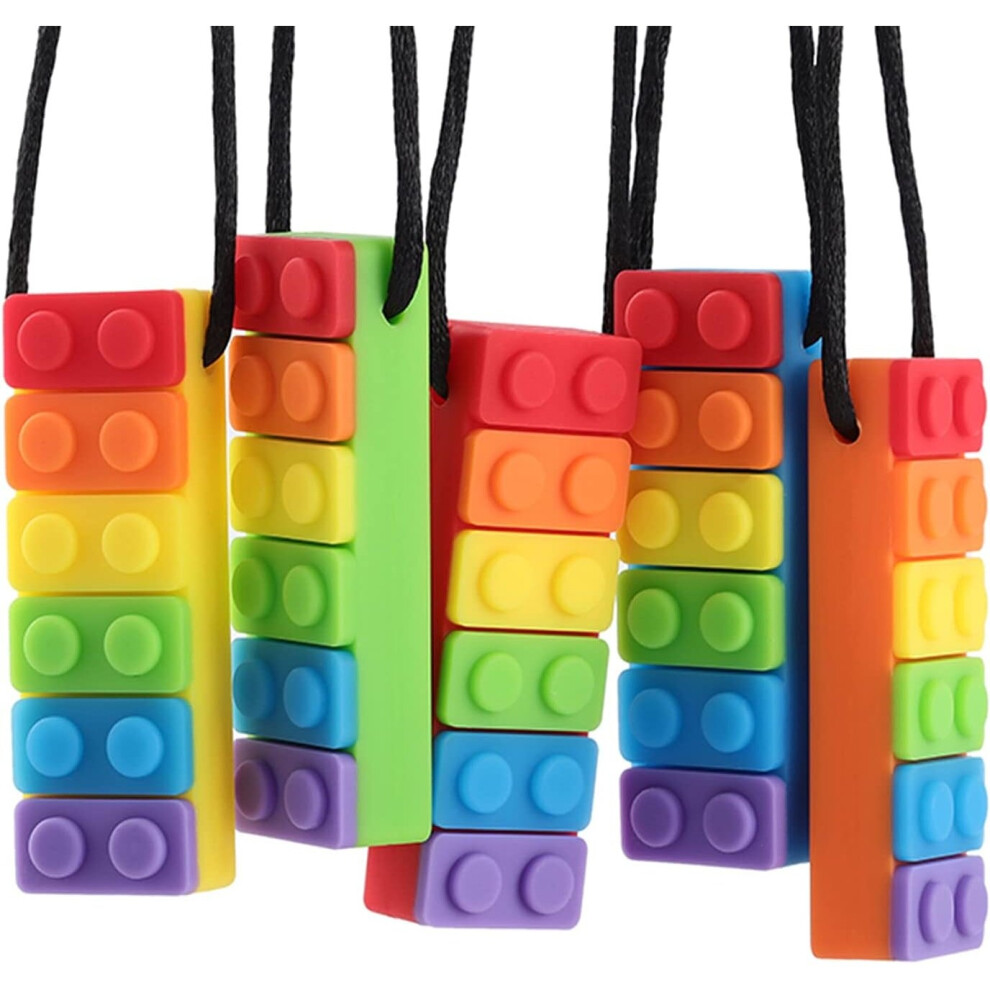 Sensory Chew Necklace, Rainbow Color Teether Chew Toys for Autistic Children, Teething Baby Made from Food Grade Safety Silicone (5 Pack)
