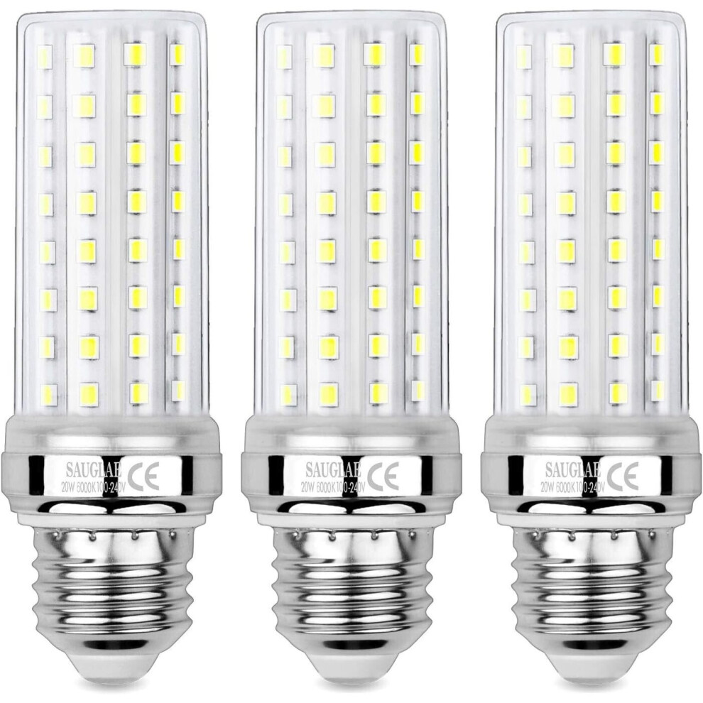 SAUGLAE 20W LED Corn Light Bulbs, 6000K Cool White, E27 Base, 3-Pack