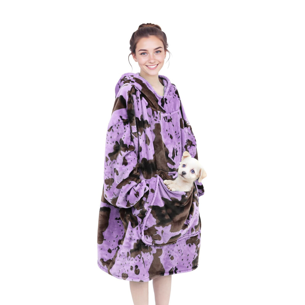 Wearable Blanket Hoodie Oversized Warm Micro Plush Purple Cow Sweatshirt Blanket Soft Cozy Fleece Hooded Blanket Gifts for Adult Women Teens Girls