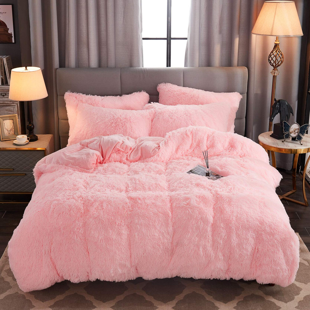 WERDIM Parure de lit en fausse fourrure     poils longs et moelleux avec fermeture     boutons, housse de couette et taies d'oreiller, rose, taille Q