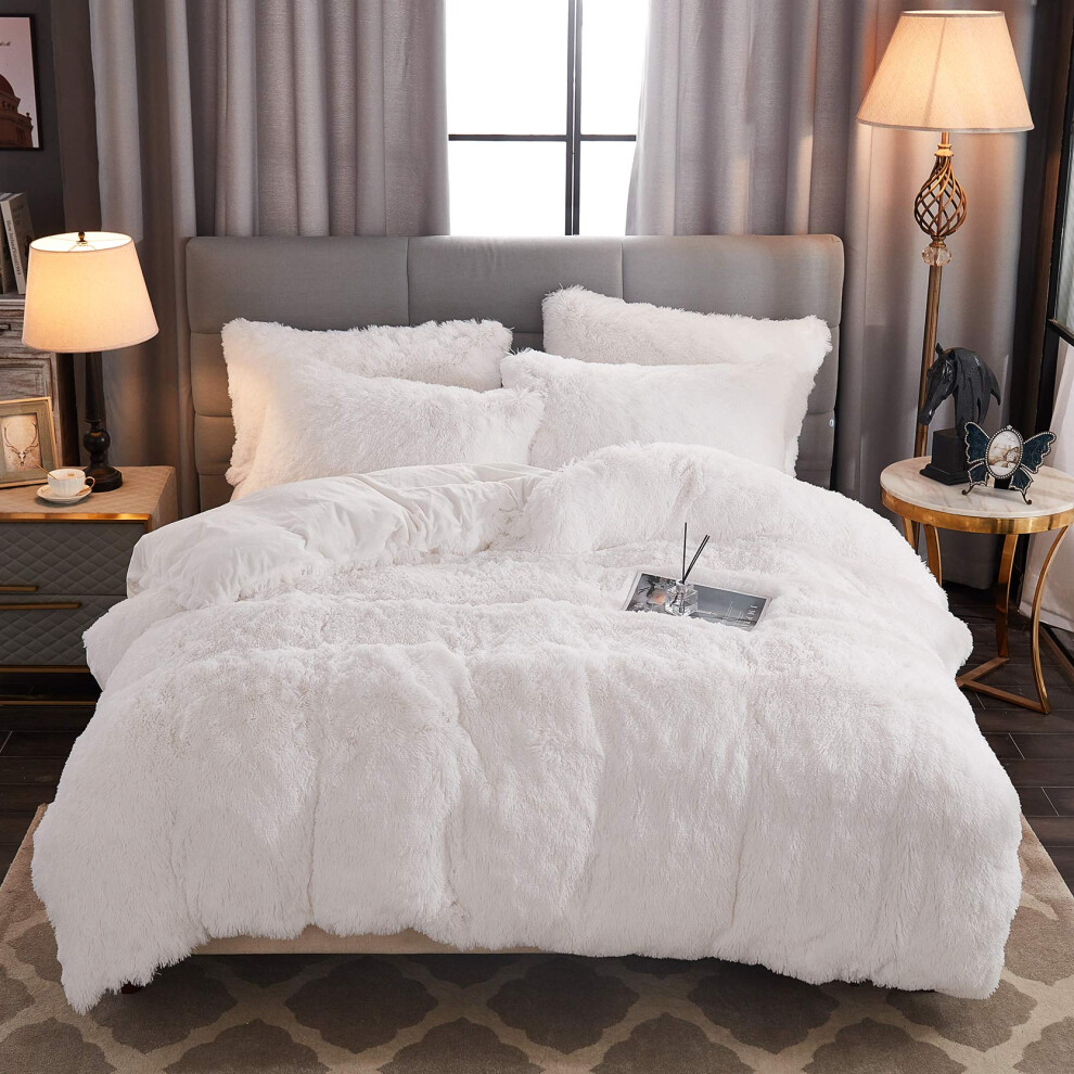 WERDIM Parure de lit en fausse fourrure     poils longs et moelleux avec fermeture     boutons, housse de couette et taies d'oreiller, blanc, taille