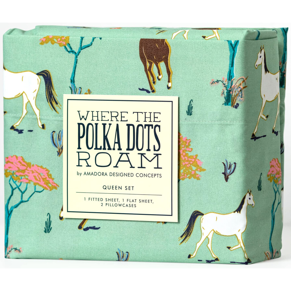 Where The Polka Dots Roam Horses - Set Di Biancheria Da Letto Per Letto Matrimoniale, 4 Pezzi, Super Morbido, 1 Lenzuolo Con Angoli, 1 Lenzuolo Piatto, 2 Federe, Lenzuola Per Bambini, Ragazzi,-image