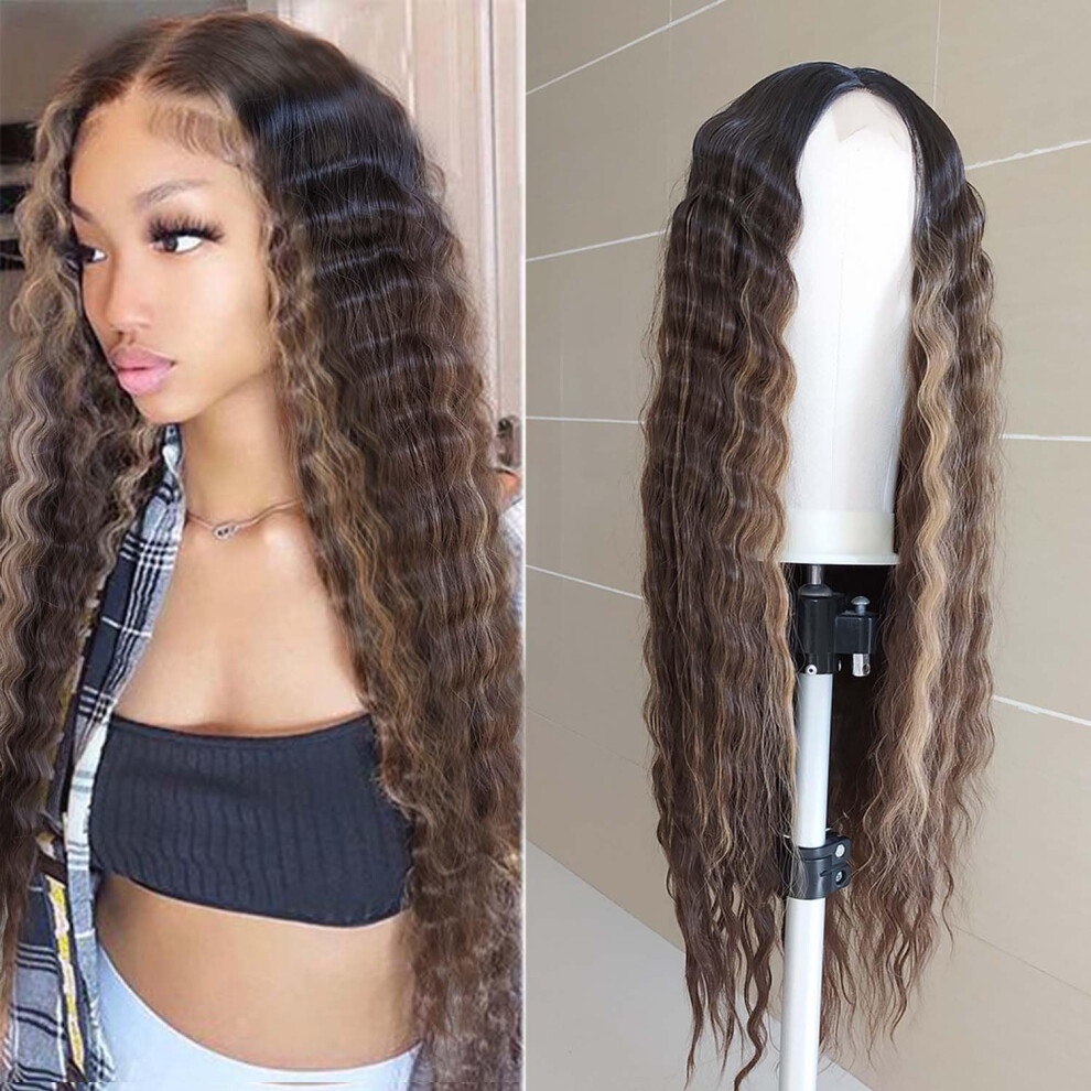 Instastyle Wigs 30 Inch Curly Highlight Honey Blonde Wig Long Synthetic Curly Hair Wigs Small Lace Front Wigs For Women Loose Deep Wave Wig Middle Part Natural L