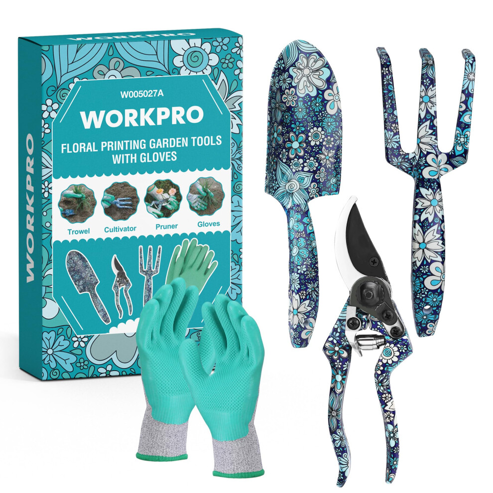 WORKPRO Aluminum Garden Tool Set  4PCS Heavy Duty Hand Garden Tools with Box Include Trowel  Rake  Pruner  Garden Gloves  Blue Floral  Garden Gifts-image-OPC-PFRT8K2-NEW