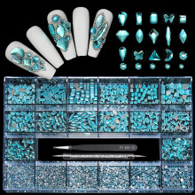 Yzzseven 14 Types of 700 Special-Shaped Lake Blue Diamonds + 2100 Flat-Bottomed Rhinestones Mix 20 Styles Flatback Rhinestone Crystals 3D Decorations