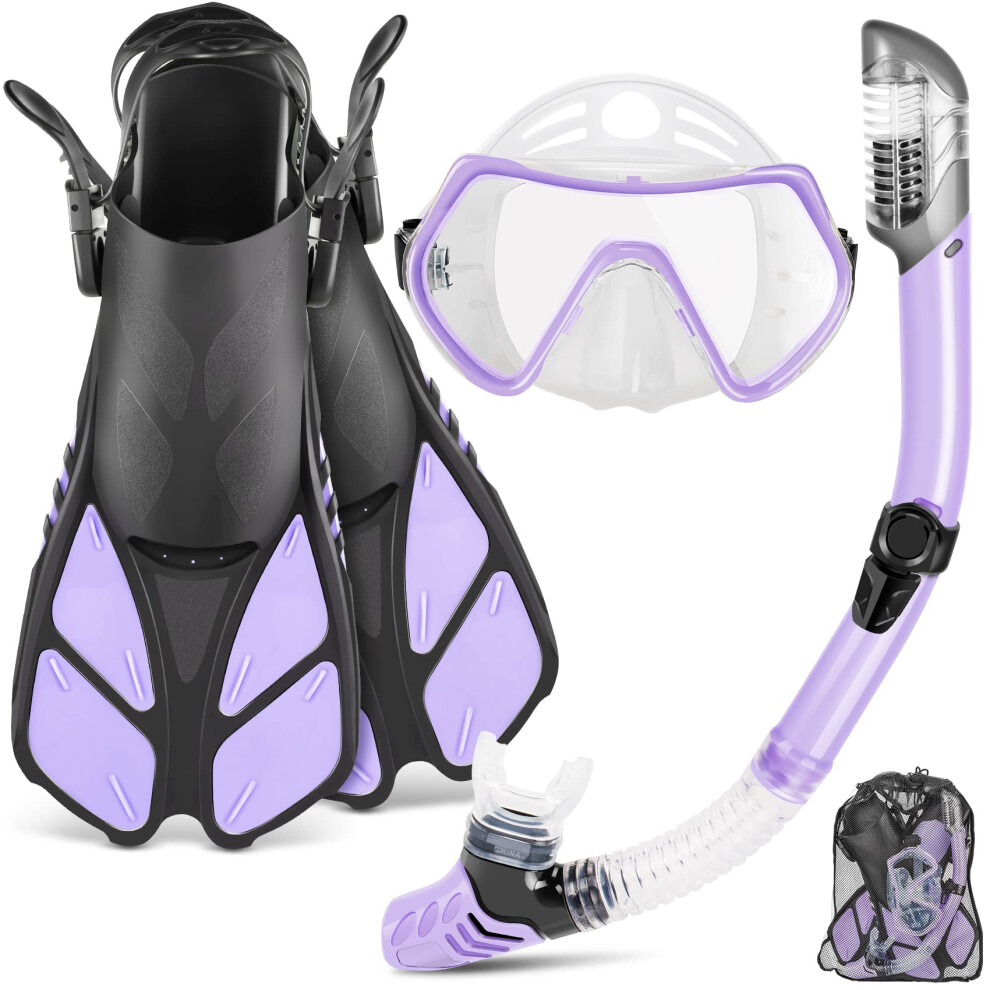 ZEEPORTE Mask Fin Snorkel Set Travel Size Snorkeling Gear for Adults with Panoramic View Anti-Fog Mask Trek Fins Dry Top Snorkel and Gear Bag for S