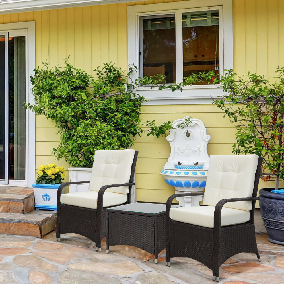 Outsunny Rattan 3Pcs Chair Table Bistro Set Patio Set W/ Steel Frame White