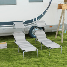 Outsunny Folding Sun Lounger Set of 2 w/ Sunshade Adjustable Backrest Light Grey