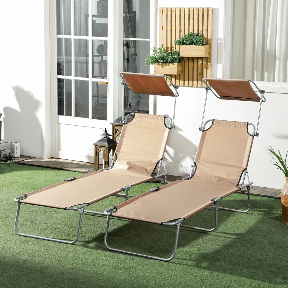Outsunny Folding Sun Lounger Set Of 2 W/ Sunshade Adjustable Backrest Sand