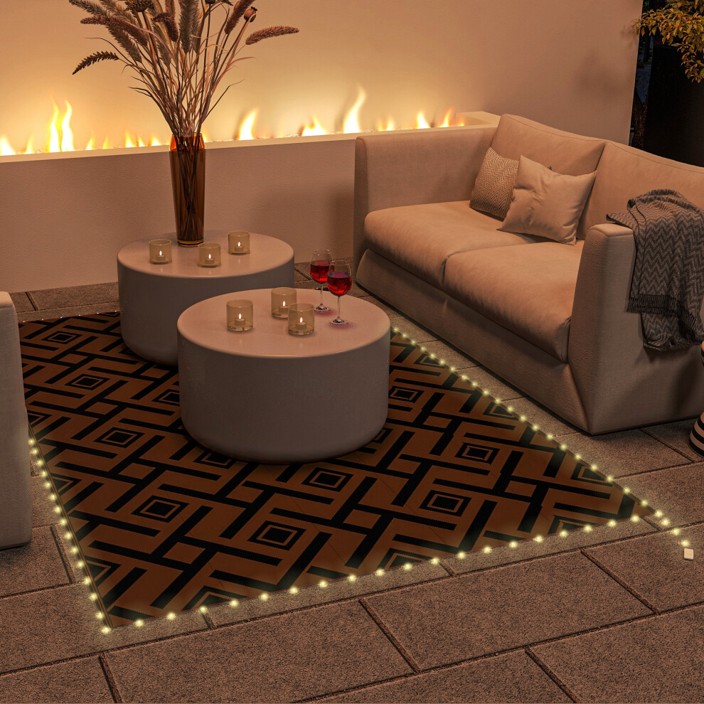 Outsunny Waterproof Outdoor Rug W/ LED String Light, 182 x 274cm, Brown & Black