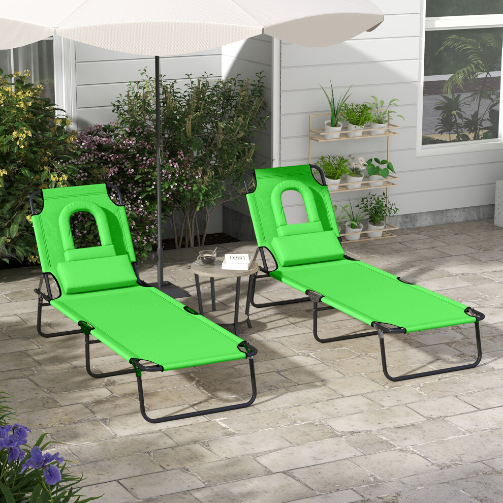 Outsunny Folding Sun Lounger Set Of 2 Reclining Chair With Reading Hole Green