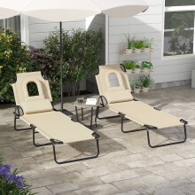 Outsunny Folding Sun Lounger Set of 2 Reclining Chair with Reading Hole Sand