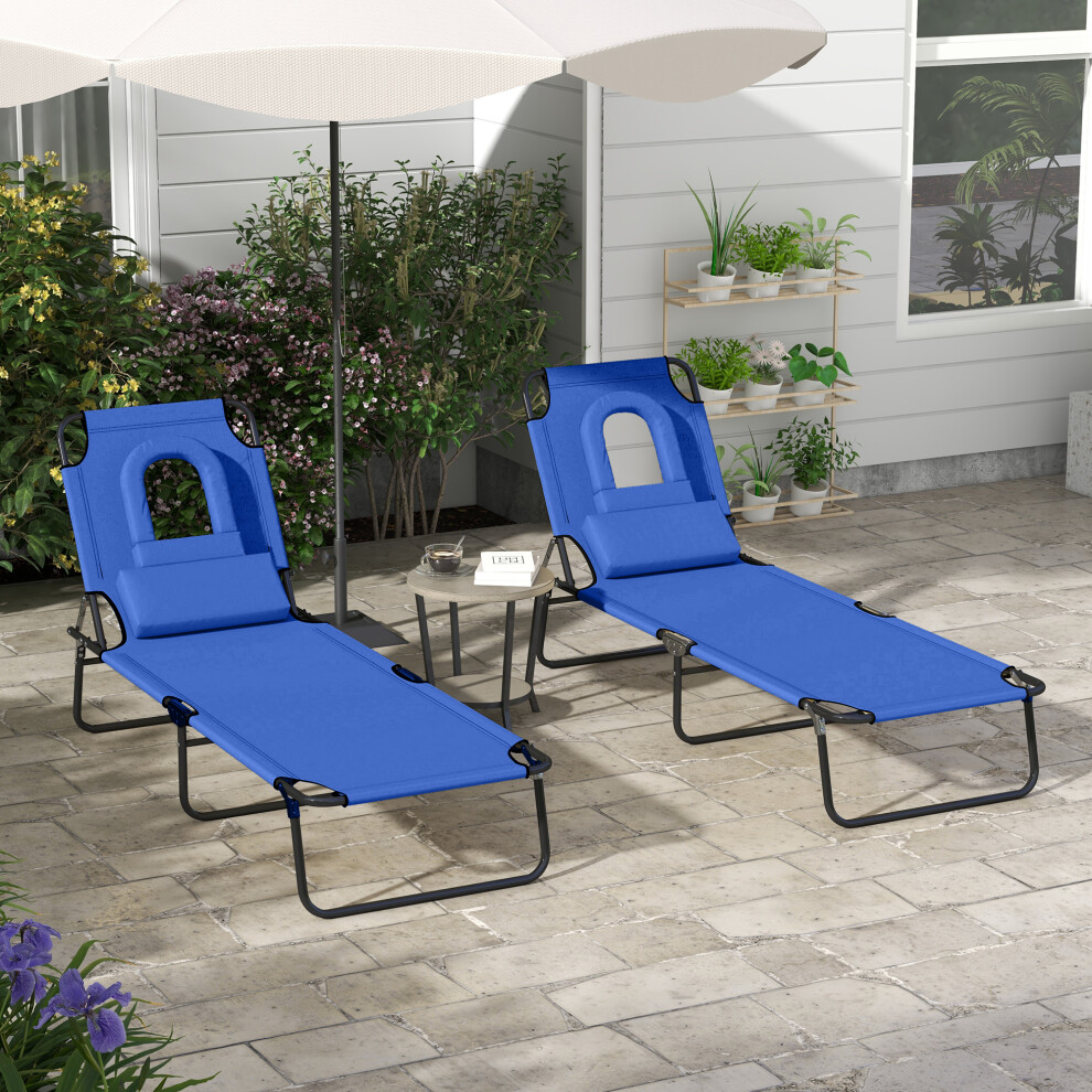 Outsunny Folding Sun Lounger Set Of 2 Reclining Chair With Reading Hole Blue
