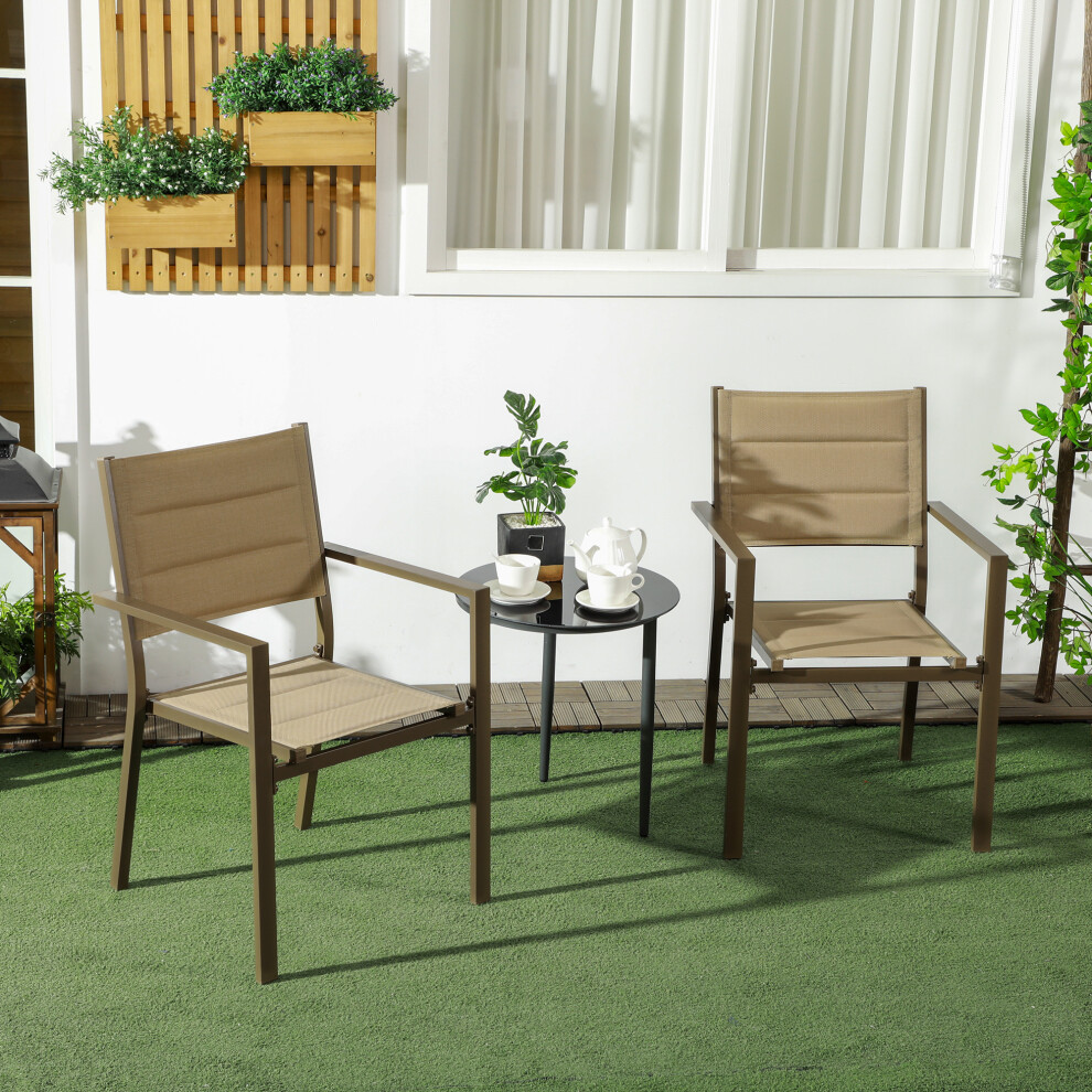 Outsunny 2 Pcs Dining Chairs, Stackable Design Aluminium Outdoor Armchairs Khaki