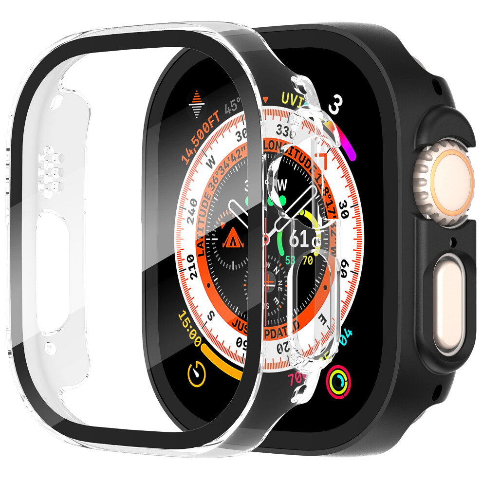 Diruite 2 Pezzi Cover Per Apple Watch Ultra 3/2/1 49Mm Vetro Temperato Pellicola Protettiva,Protezione Dello Schermo Pc Rigido,Custodia Protettiva Ultrasottile,Nero&Trasparente,49Mm-image