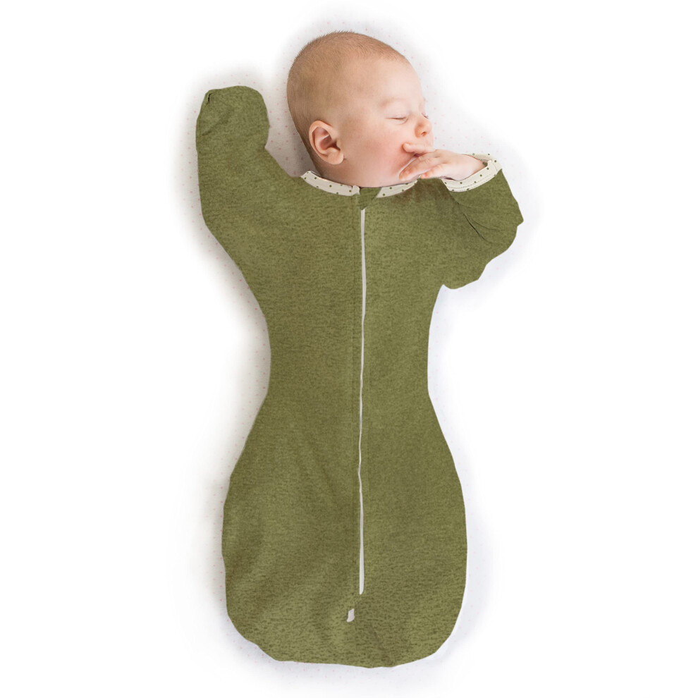 Transitional Swaddle Sack With Arms Up Half-Length Sleeves And Mitten Cuffs Heathered Turtle With Polka Dot Trim Small 0-3 Mo Green Swaddledesigns